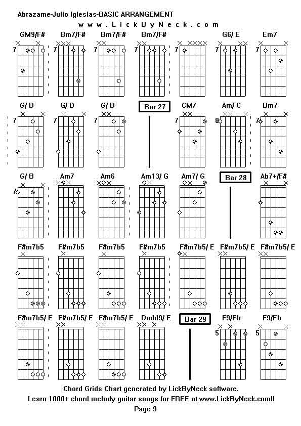 Chord Grids Chart of chord melody fingerstyle guitar song-Abrazame-Julio Iglesias-BASIC ARRANGEMENT,generated by LickByNeck software.